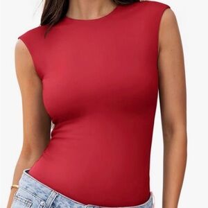 ReoRia Womens Crew Neck Sleeveless Bodysuit Double Lined Stretchy Fitted Basic
